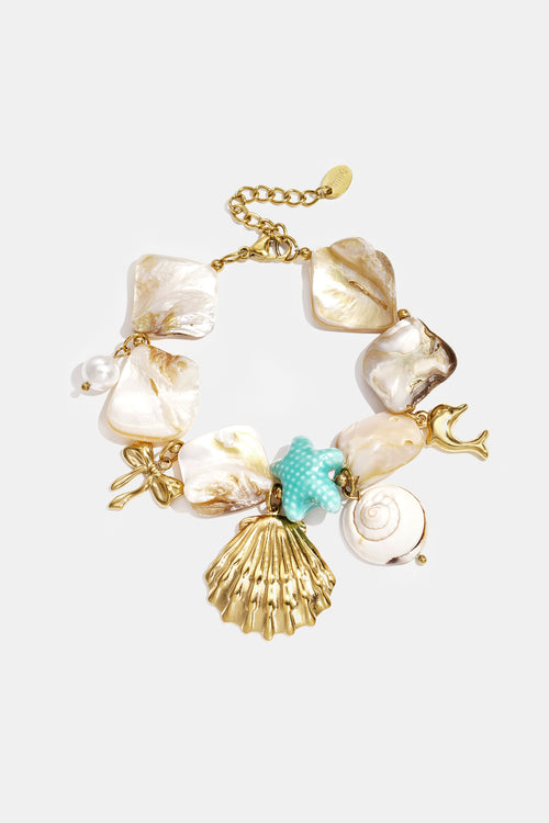 Armband met schelpen, zee charms, goude en blauwe kralen