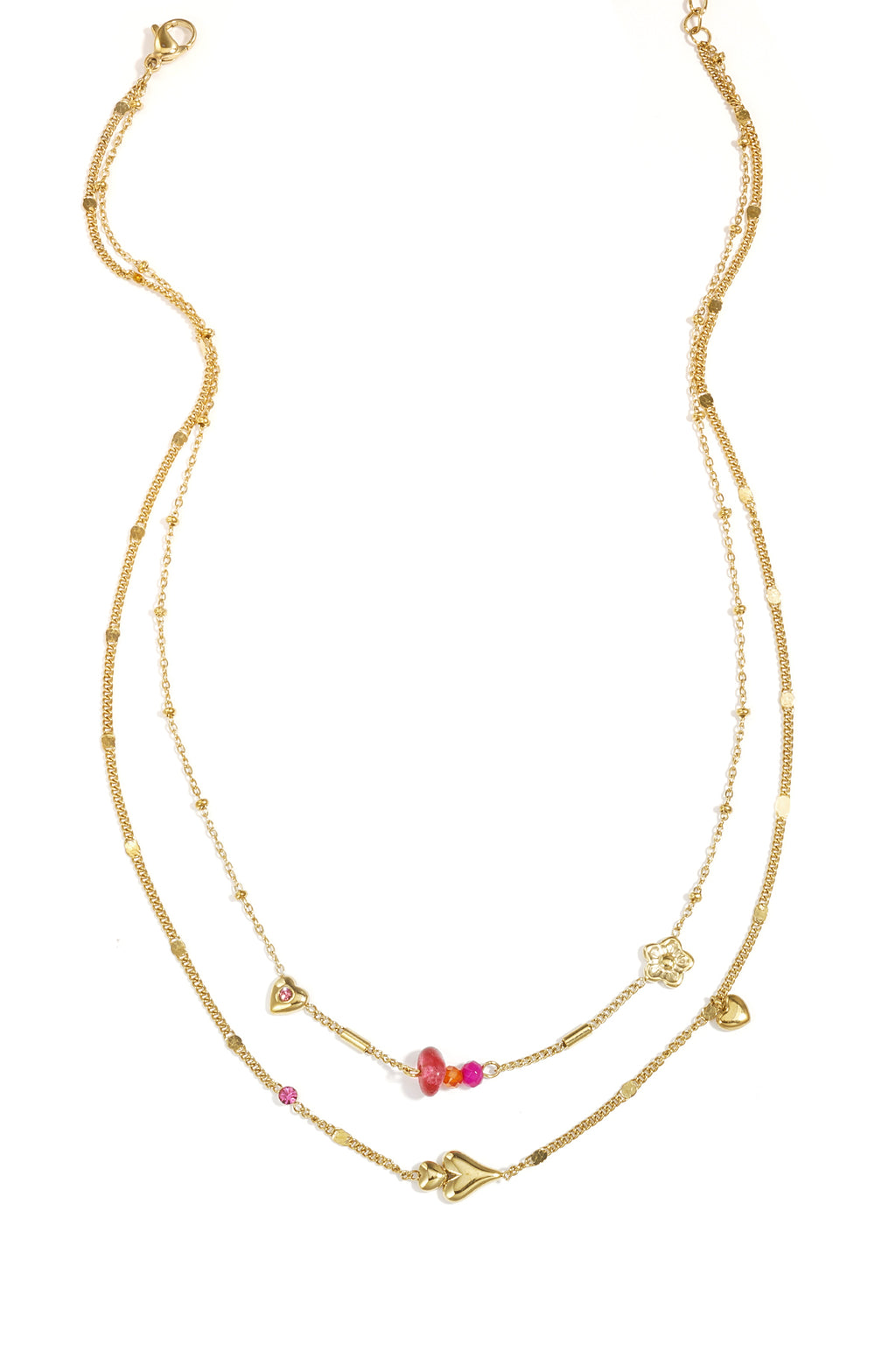 Double necklace with hearts, beads and flowers